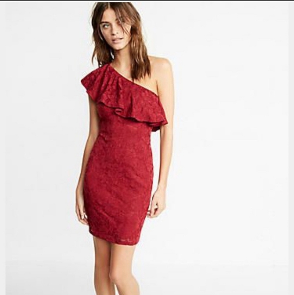 Express One Shoulder Red Lace Mini Dress